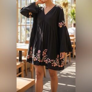 Free People Black Dress with Pink Floral Embroidery